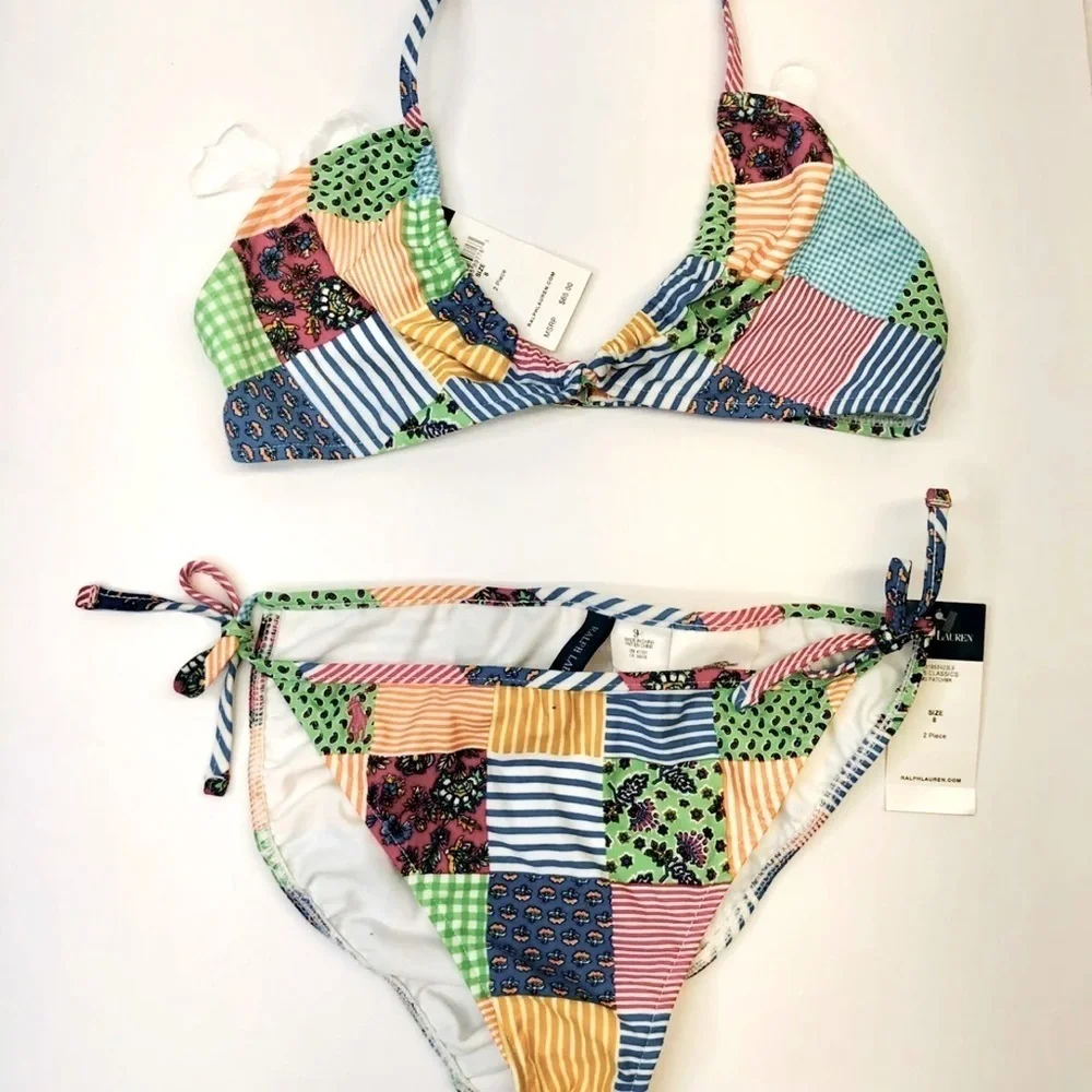 Ralph Lauren girls two pieces swimsuit patch prints size 8 NWT